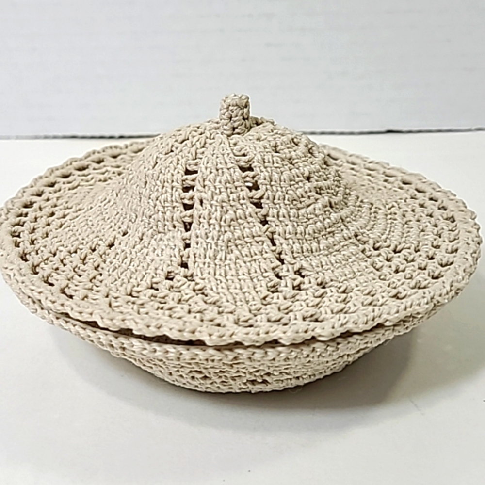 Hand Crochet Trinket Dish with Lid Beige Hand Made Gift for Mom